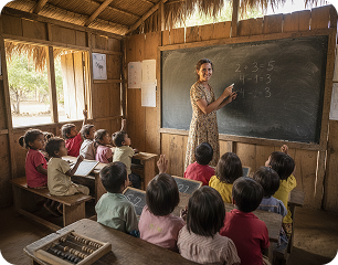 A teacher writing sums on a blackboard for a class of young children